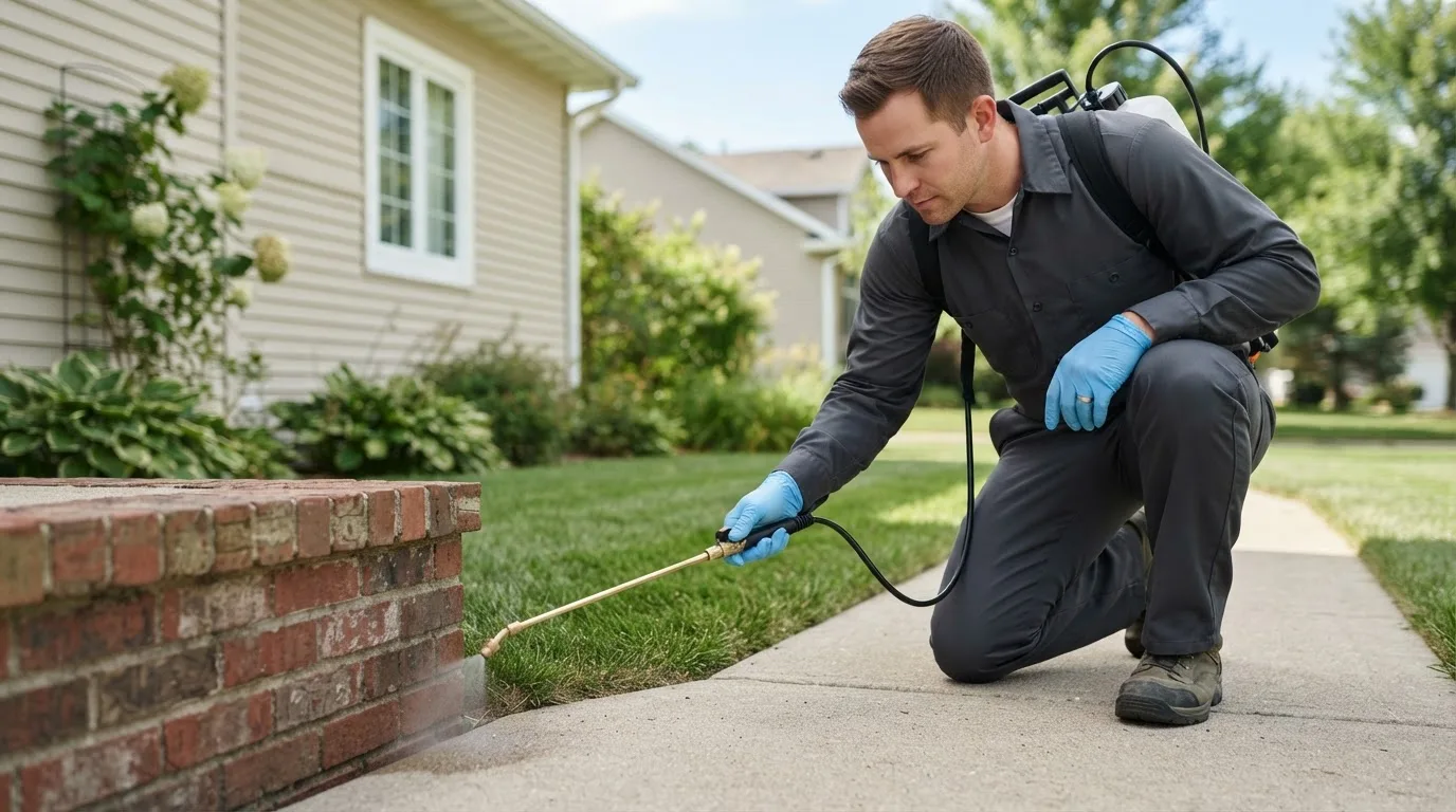 Pest control technician treating a home near Lenhartsville, PA